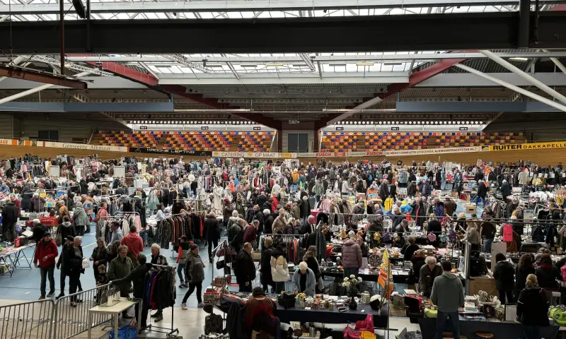 Bezoekers struinen langs de kramen op de rommelmarkt