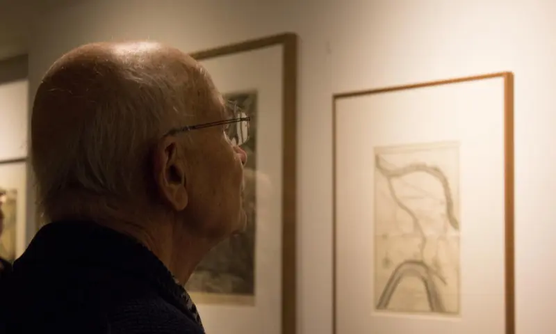 Meneer kijkt naar de kunst