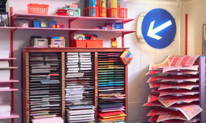 Kleurrijke studio met een papierkast