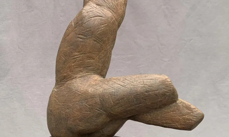 mensfiguur van brons met de titel Omkijkend