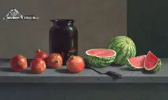 stilleven watermeloen met granaatappels